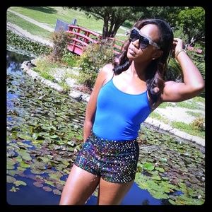 shorts and royal blue top